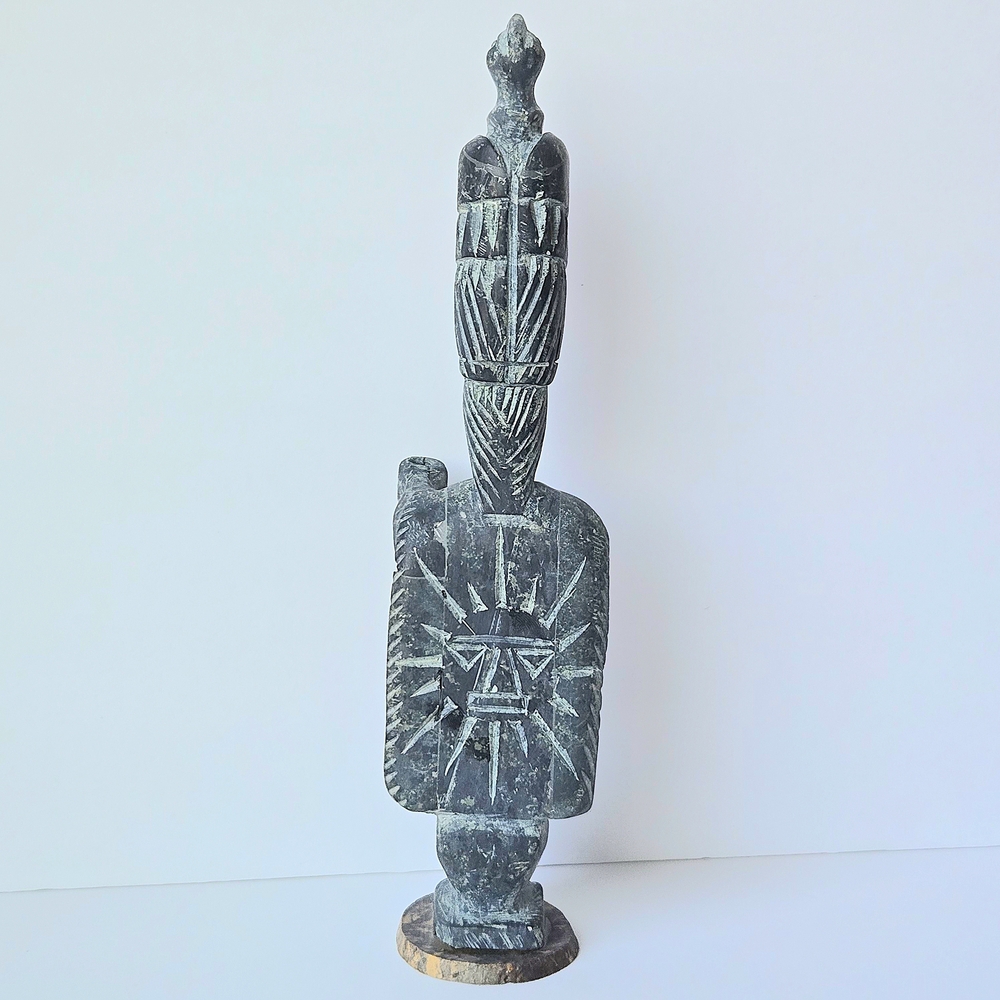 VTG Carved Green Stone Totem Sculpture-Eagle Warrior Snake w Petrified Wood Base - Picture 2 of 11
